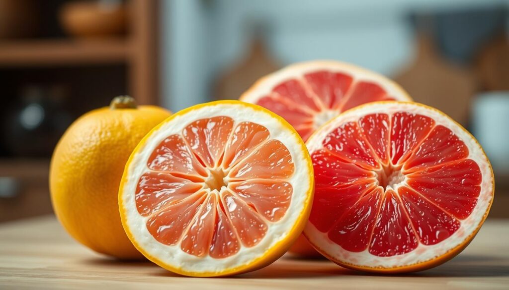 A vibrant and detailed comparison of a pomelo and a grapefruit, showcasing their differences and similarities in flavor. In the foreground, place a ripe, large pomelo with its textured yellow-green skin next to a bright, pink-fleshed grapefruit, highlighting their contrasting colors and sizes. The middle ground should feature cross-sectional views of both fruits, revealing the juicy interiors, with glistening droplets capturing the light. The background can be a soft, blurred kitchen setting, enhancing the freshness of the fruits. Use natural, soft lighting to create an inviting mood, with a slight focus tilt to emphasize the fruits. The atmosphere should convey a sense of culinary exploration, ideal for illustrating the tasting experience of these citrus fruits.
