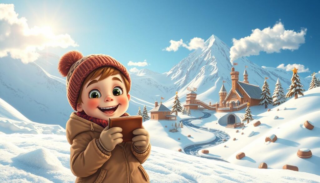 A vibrant and enchanting children's book illustration showcasing the whimsical journey of chocolate on a snowy mountain, inspired by Everest. In the foreground, a cheerful young child, dressed in warm, modest winter clothes, holds a piece of rich chocolate, eyes wide with excitement. The middle ground features a whimsical chocolate factory nestled among fluffy, white snowdrifts, with chocolate rivers and whimsical trees made of chocolate bars and candy. In the background, majestic, snow-capped peaks rise under a bright blue sky, with fluffy white clouds adding a soft touch. The scene is bathed in warm, inviting sunlight, creating a magical and adventurous atmosphere, perfect for sparking imagination and curiosity about this delightful chocolate adventure. A vibrant and enchanting children's book illustration showcasing the whimsical journey of chocolate on a snowy mountain, inspired by Everest. In the foreground, a cheerful young child, dressed in warm, modest winter clothes, holds a piece of rich chocolate, eyes wide with excitement. The middle ground features a whimsical chocolate factory nestled among fluffy, white snowdrifts, with chocolate rivers and whimsical trees made of chocolate bars and candy. In the background, majestic, snow-capped peaks rise under a bright blue sky, with fluffy white clouds adding a soft touch. The scene is bathed in warm, inviting sunlight, creating a magical and adventurous atmosphere, perfect for sparking imagination and curiosity about this delightful chocolate adventure.