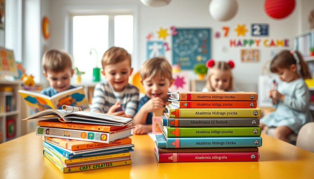 A vibrant and inviting scene of "Akademia Mądrego Dziecka," featuring colorful educational books for preschoolers stacked playfully on a bright, child-friendly table. In the foreground, a cheerful, diverse group of children engaged in playful learning activities—one child is reading a book, another building with blocks, and a third drawing on paper. The middle layer includes effective learning visuals, like puzzles, numbers, and letters, creating a lively atmosphere of learning through play. The background showcases a whimsical classroom with cheerful decorations, soft lighting that enhances a warm and inviting mood, and large windows letting in natural light. The focus is sharp on the children, creating a sense of joy and curiosity, ideal for inspiring educational engagement. A vibrant and inviting scene of "Akademia Mądrego Dziecka," featuring colorful educational books for preschoolers stacked playfully on a bright, child-friendly table. In the foreground, a cheerful, diverse group of children engaged in playful learning activities—one child is reading a book, another building with blocks, and a third drawing on paper. The middle layer includes effective learning visuals, like puzzles, numbers, and letters, creating a lively atmosphere of learning through play. The background showcases a whimsical classroom with cheerful decorations, soft lighting that enhances a warm and inviting mood, and large windows letting in natural light. The focus is sharp on the children, creating a sense of joy and curiosity, ideal for inspiring educational engagement.
