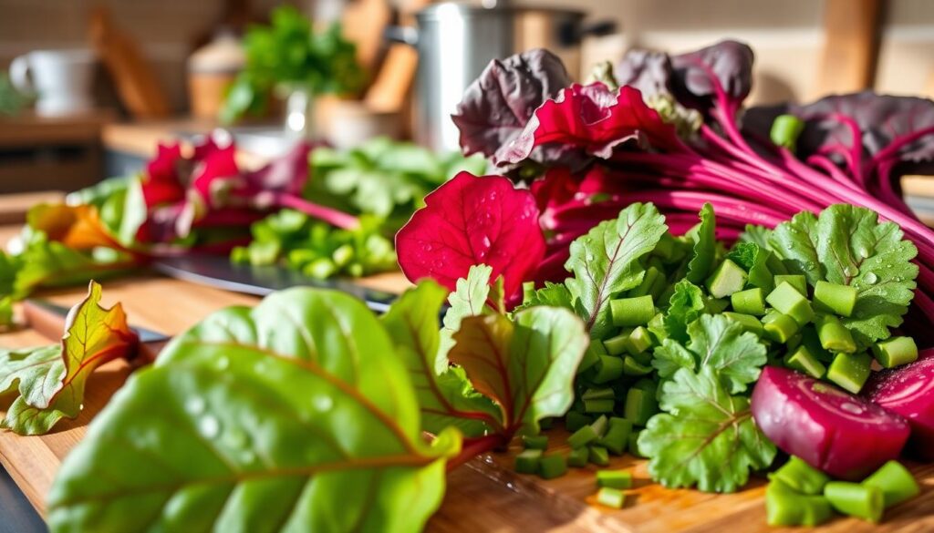 A vibrant arrangement of freshly harvested beet greens, showcasing a rich palette of deep magenta and bright green leaves. In the foreground, display a close-up of the beet greens, glistening with droplets of water, highlighting their freshness and vivid color. In the middle ground, include a wooden cutting board with a chef's knife and chopped beet greens, hinting at preparation for a spring meal. Soft, natural light filters from the side, creating gentle shadows that enhance the texture of the leaves. In the background, a rustic kitchen setting with blurred hints of a pot on the stove and fresh herbs, creating a warm, inviting atmosphere. The mood is fresh and seasonal, emphasizing the concept of preserving the color and flavor of young beets in cooking. A vibrant arrangement of freshly harvested beet greens, showcasing a rich palette of deep magenta and bright green leaves. In the foreground, display a close-up of the beet greens, glistening with droplets of water, highlighting their freshness and vivid color. In the middle ground, include a wooden cutting board with a chef's knife and chopped beet greens, hinting at preparation for a spring meal. Soft, natural light filters from the side, creating gentle shadows that enhance the texture of the leaves. In the background, a rustic kitchen setting with blurred hints of a pot on the stove and fresh herbs, creating a warm, inviting atmosphere. The mood is fresh and seasonal, emphasizing the concept of preserving the color and flavor of young beets in cooking.