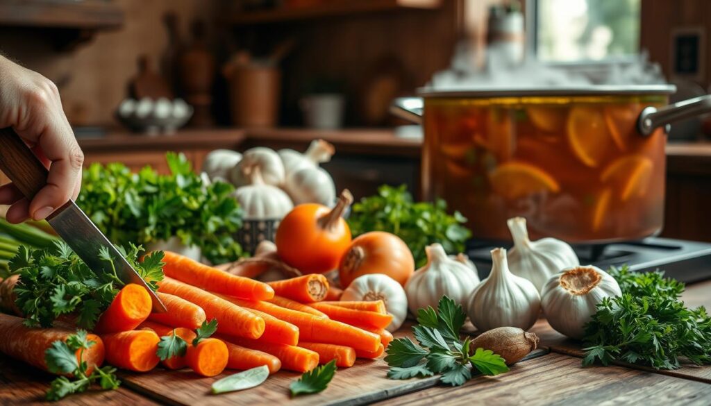 A vibrant assortment of fresh vegetables and herbs displayed on a rustic wooden kitchen table, showcasing carrots, celery, onions, and garlic, alongside bright green parsley and a touch of bay leaves. The foreground features a hand chopping some of the ingredients with a wooden knife, while in the middle ground, there's a large, simmering pot filled with a rich brothy soup, steam gently rising. The background reveals a warm kitchen setting, illuminated by soft natural light streaming through a window, creating a cozy atmosphere. The scene captures the essence of preparing a hearty soup, with an inviting and homely feel, emphasizing the importance of fresh ingredients and aromatic spices. A vibrant assortment of fresh vegetables and herbs displayed on a rustic wooden kitchen table, showcasing carrots, celery, onions, and garlic, alongside bright green parsley and a touch of bay leaves. The foreground features a hand chopping some of the ingredients with a wooden knife, while in the middle ground, there's a large, simmering pot filled with a rich brothy soup, steam gently rising. The background reveals a warm kitchen setting, illuminated by soft natural light streaming through a window, creating a cozy atmosphere. The scene captures the essence of preparing a hearty soup, with an inviting and homely feel, emphasizing the importance of fresh ingredients and aromatic spices.