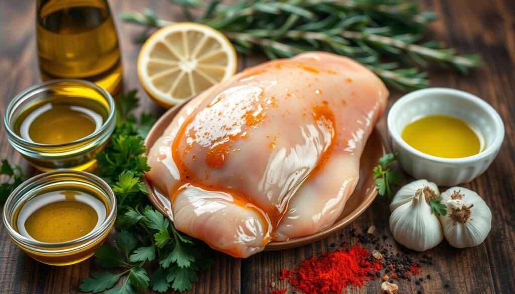 A vibrant, close-up composition of fresh ingredients for a chicken marinade, beautifully arranged on a rustic wooden table. In the foreground, showcase bowls of olive oil, lemon juice, minced garlic, and chopped parsley, with colorful spices like paprika and black pepper scattered artfully around. In the middle, place a piece of raw chicken breast marinated in a mixture, glistening under soft, natural light. The background features blurred herbal leaves, such as rosemary and thyme, enhancing the fresh and inviting atmosphere. Use a warm and inviting color palette to create a home-cooking vibe. The overall mood is cozy and appetizing, perfect for illustrating the flavorful essence of a quick and delicious chicken dish.