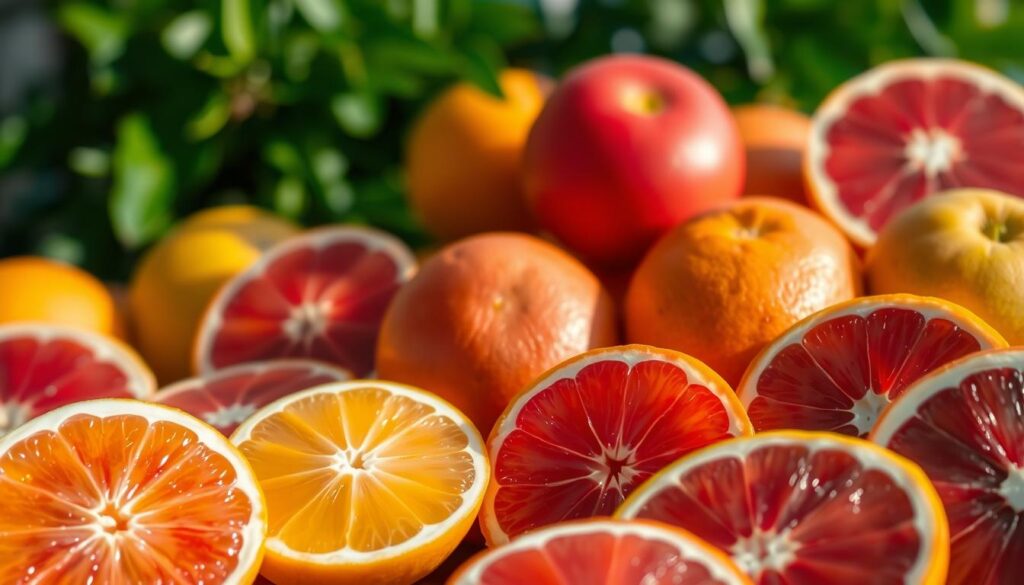 A vibrant display of various citrus fruits, showcasing different flesh colors including deep orange, bright pink, and pale yellow. In the foreground, a halved pomelo reveals its pale yellow flesh alongside slices of blood oranges and ruby red grapefruits, emphasizing the diversity of flavors and hues. The middle ground features whole fruits, emphasizing their texture and unique skins – some smooth, others dimpled, capturing their freshness. Soft natural lighting floods the scene, casting gentle shadows and enhancing the vibrant colors, while a blurred background of lush green foliage adds depth. The mood is lively and fresh, evoking a sense of discovery of flavors that vary with fruit ripeness and variety.