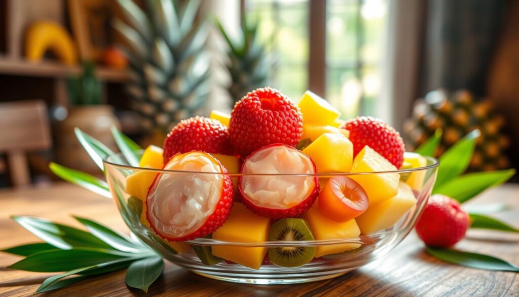 A vibrant fruit salad featuring succulent, fresh lychee as the star ingredient, artistically arranged in a clear glass bowl. In the foreground, plump lychee with their inviting pinkish-red skin glistens in the light, surrounded by a colorful assortment of tropical fruits such as mangoes, pineapples, and kiwi, all skillfully cut into bite-sized pieces. The middle ground highlights a wooden table setting, complemented by delicate green leaves that enhance the tropical vibe. In the background, soft, natural daylight pours in through a nearby window, creating a warm, inviting atmosphere. The image should evoke a sense of freshness and indulgence, perfect for showcasing the delightful experience of enjoying lychee as a snack or a delightful ingredient in various dishes.