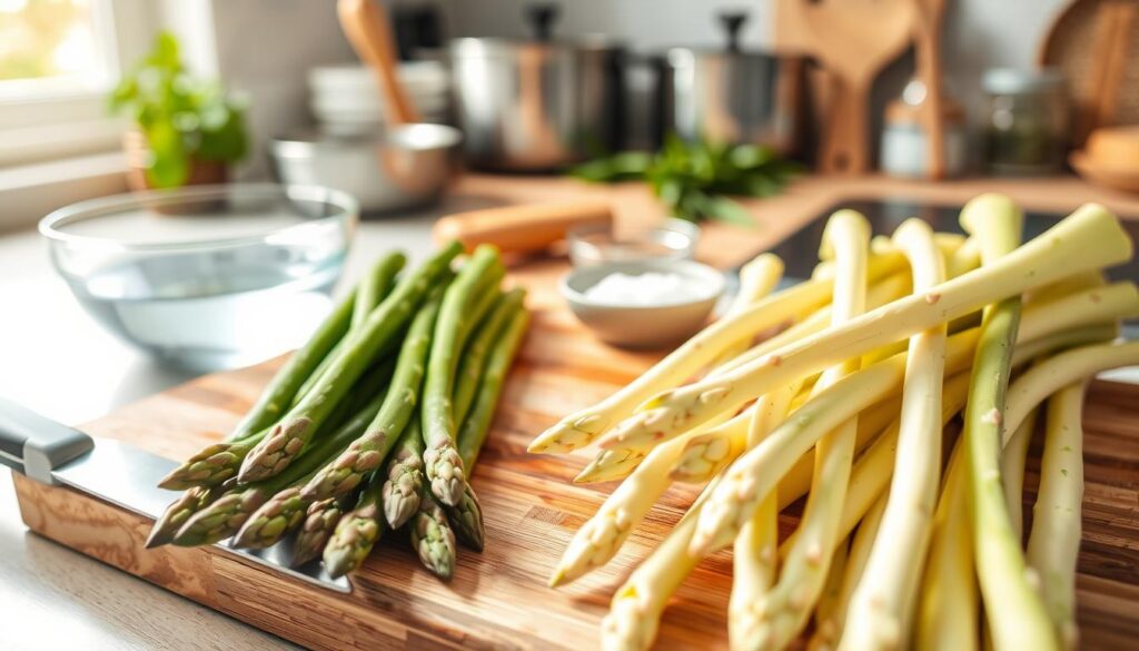 A vibrant kitchen countertop scene showcasing the preparation of green and white asparagus before cooking. In the foreground, freshly washed green asparagus and pristine white asparagus stalks are elegantly arranged on a wooden cutting board, with the tips slightly trimmed. A sharp chef's knife rests nearby. The middle ground features a bowl filled with water and a small dish of salt, suggesting the cleaning process. In the background, softly blurred kitchen elements like pots, pans, and herbs evoke a warm cooking atmosphere. The lighting is bright and natural, streaming in from a window, enhancing the fresh, organic feel of the scene. The composition conveys a sense of freshness and readiness for cooking, inviting viewers to engage in the culinary experience. A vibrant kitchen countertop scene showcasing the preparation of green and white asparagus before cooking. In the foreground, freshly washed green asparagus and pristine white asparagus stalks are elegantly arranged on a wooden cutting board, with the tips slightly trimmed. A sharp chef's knife rests nearby. The middle ground features a bowl filled with water and a small dish of salt, suggesting the cleaning process. In the background, softly blurred kitchen elements like pots, pans, and herbs evoke a warm cooking atmosphere. The lighting is bright and natural, streaming in from a window, enhancing the fresh, organic feel of the scene. The composition conveys a sense of freshness and readiness for cooking, inviting viewers to engage in the culinary experience.