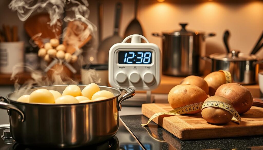 A vibrant kitchen scene focusing on a pot of boiling potatoes of various sizes: small, medium, and large, reflecting their different cooking times. In the foreground, the pot simmers on a stove, with steam wafting upwards. To the side, a wooden cutting board displays a few raw potatoes, with a measuring tape alongside to indicate size. The middle area shows a kitchen timer ticking down, signifying the different cooking times based on potato size. The background features warm, inviting lighting highlighting the cozy kitchen ambiance, with pots and utensils neatly arranged. The overall atmosphere conveys a sense of home cooking, emphasizing precision and care in preparing a meal. A vibrant kitchen scene focusing on a pot of boiling potatoes of various sizes: small, medium, and large, reflecting their different cooking times. In the foreground, the pot simmers on a stove, with steam wafting upwards. To the side, a wooden cutting board displays a few raw potatoes, with a measuring tape alongside to indicate size. The middle area shows a kitchen timer ticking down, signifying the different cooking times based on potato size. The background features warm, inviting lighting highlighting the cozy kitchen ambiance, with pots and utensils neatly arranged. The overall atmosphere conveys a sense of home cooking, emphasizing precision and care in preparing a meal.