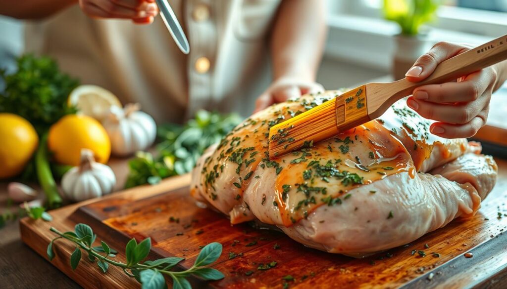 A vibrant kitchen scene showcasing the preparation of a turkey breast marinade. In the foreground, a person in a casual, modest outfit applies a thick, herb-infused marinade to a raw turkey breast, using a brush. The marinade is a rich blend of olive oil, garlic, and fresh herbs, glistening under warm natural light. The background features an assortment of fresh ingredients like lemons, garlic, and herbs on a wooden cutting board, emphasizing a homely, inviting atmosphere. Soft focus on the background elements directs attention to the flavorful turkey. The overall mood is warm and inviting, reflecting the joy of cooking and the care taken to preserve the turkey's tenderness during roasting. A vibrant kitchen scene showcasing the preparation of a turkey breast marinade. In the foreground, a person in a casual, modest outfit applies a thick, herb-infused marinade to a raw turkey breast, using a brush. The marinade is a rich blend of olive oil, garlic, and fresh herbs, glistening under warm natural light. The background features an assortment of fresh ingredients like lemons, garlic, and herbs on a wooden cutting board, emphasizing a homely, inviting atmosphere. Soft focus on the background elements directs attention to the flavorful turkey. The overall mood is warm and inviting, reflecting the joy of cooking and the care taken to preserve the turkey's tenderness during roasting.