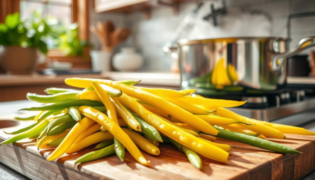 A vibrant kitchen scene showcasing yellow and green string beans being prepared for cooking. In the foreground, a wooden cutting board holds an artistic arrangement of freshly washed yellow and green beans, reflecting their glossy texture and vivid colors. The middle ground features a gleaming pot of boiling water on a rustic stove, steam rising, with additional beans waiting to be added. The background reveals a sunlit kitchen with herbs on a windowsill, creating a lively atmosphere. The lighting is bright and inviting, enhancing the freshness of the ingredients. The composition is captured from a slightly elevated angle to provide depth, focusing on the vibrant colors and textures, evoking a sense of warmth and home cooking.