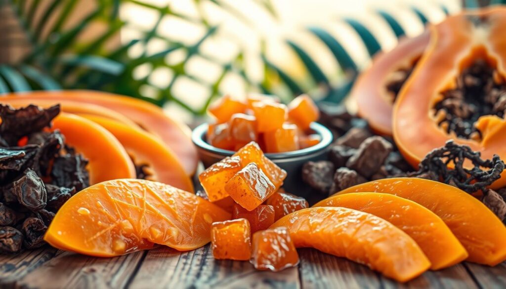 A visually appealing arrangement of fresh, dried, and candied papaya fruits, displayed on a rustic wooden table. In the foreground, vibrant slices of fresh papaya, showcasing their bright orange flesh and smooth texture, are beautifully contrasted by dark, chewy dried papaya pieces. In the middle ground, a small bowl of sweet, glossy candied papaya cubes captures the light, emphasizing their sugary sheen. The background is softly blurred, featuring hints of tropical leaves to enhance the exotic ambiance. The scene is illuminated with warm, natural lighting, creating a welcoming and appetizing atmosphere. The angle is slightly above eye level, providing a comprehensive view of the textures and colors of each type of papaya, inviting the viewer to appreciate their differences. A visually appealing arrangement of fresh, dried, and candied papaya fruits, displayed on a rustic wooden table. In the foreground, vibrant slices of fresh papaya, showcasing their bright orange flesh and smooth texture, are beautifully contrasted by dark, chewy dried papaya pieces. In the middle ground, a small bowl of sweet, glossy candied papaya cubes captures the light, emphasizing their sugary sheen. The background is softly blurred, featuring hints of tropical leaves to enhance the exotic ambiance. The scene is illuminated with warm, natural lighting, creating a welcoming and appetizing atmosphere. The angle is slightly above eye level, providing a comprehensive view of the textures and colors of each type of papaya, inviting the viewer to appreciate their differences.