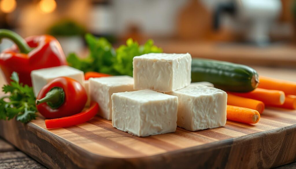 A visually appealing close-up of raw tofu, presented on a rustic wooden cutting board. The tofu cubes are fresh, showing a soft, creamy texture with a slightly moist surface, reflecting natural light. Surround the tofu with an assortment of colorful raw vegetables like vibrant red bell peppers, green cucumbers, and bright orange carrots, adding visual contrast and freshness. The background features a blurred kitchen setting, filled with soft, warm ambient light, creating a cozy and inviting atmosphere. The composition is shot with a shallow depth of field to emphasize the tofu in the foreground while keeping the background soft and unobtrusive, suggesting a home cooking environment. Overall, the mood is fresh and wholesome, highlighting the versatility of raw tofu in cuisine. A visually appealing close-up of raw tofu, presented on a rustic wooden cutting board. The tofu cubes are fresh, showing a soft, creamy texture with a slightly moist surface, reflecting natural light. Surround the tofu with an assortment of colorful raw vegetables like vibrant red bell peppers, green cucumbers, and bright orange carrots, adding visual contrast and freshness. The background features a blurred kitchen setting, filled with soft, warm ambient light, creating a cozy and inviting atmosphere. The composition is shot with a shallow depth of field to emphasize the tofu in the foreground while keeping the background soft and unobtrusive, suggesting a home cooking environment. Overall, the mood is fresh and wholesome, highlighting the versatility of raw tofu in cuisine.