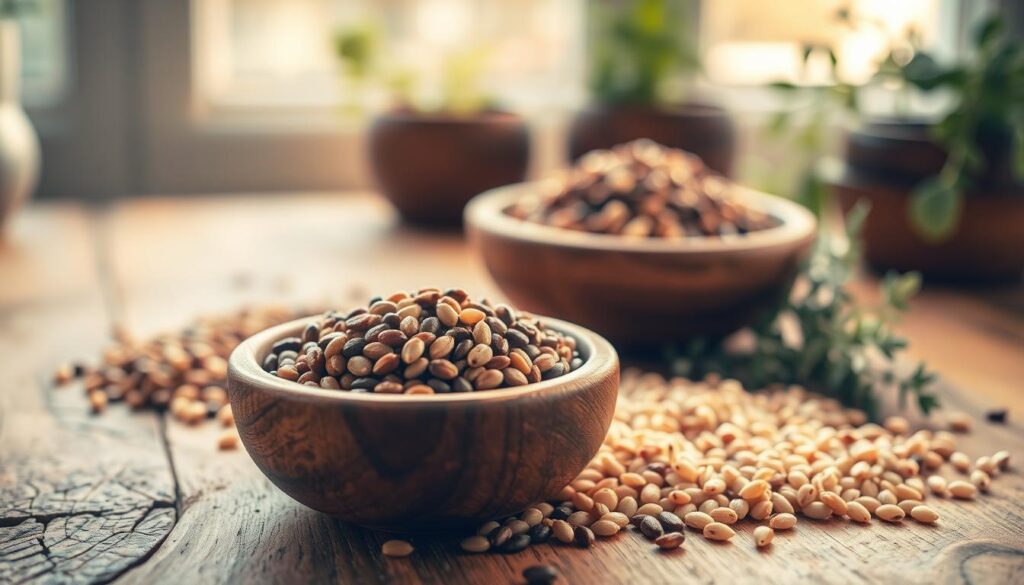 A visually engaging image showcasing two types of buckwheat: roasted (kasza palona) and unroasted (kasza gryczana niepalona). In the foreground, feature a small wooden bowl filled with roasted buckwheat, its dark brown grains glistening under warm, soft lighting. Beside it, place another bowl containing unroasted buckwheat with a lighter, beige hue. In the middle ground, scatter a few grains of each type on a rustic wooden table to highlight their textures. The background should softly blur, showing hints of green plants and herbs to evoke a natural, wholesome atmosphere. Use a warm color palette to create a cozy, inviting mood, simulating natural light filtered through a kitchen window. A visually engaging image showcasing two types of buckwheat: roasted (kasza palona) and unroasted (kasza gryczana niepalona). In the foreground, feature a small wooden bowl filled with roasted buckwheat, its dark brown grains glistening under warm, soft lighting. Beside it, place another bowl containing unroasted buckwheat with a lighter, beige hue. In the middle ground, scatter a few grains of each type on a rustic wooden table to highlight their textures. The background should softly blur, showing hints of green plants and herbs to evoke a natural, wholesome atmosphere. Use a warm color palette to create a cozy, inviting mood, simulating natural light filtered through a kitchen window.