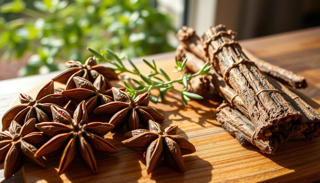 A vivid comparison of anise and licorice root, showcasing their unique characteristics. In the foreground, a close-up of vibrant anise seeds with their star-like shape, glistening under soft natural light. Beside them, raw, earthy licorice roots, with a rough texture and deep brown tones, highlighting their contrasting forms. In the middle, an elegant wooden board displays both ingredients, adorned with sprigs of green herbs to evoke freshness. The background features a subtle, blurred view of an aromatic herb garden, enhancing the organic atmosphere. Soft, diffused lighting casts gentle shadows, creating a warm, inviting mood that emphasizes the flavor profiles of both ingredients. The scene invites the viewer to explore the shared and differing qualities of anise and licorice, showcasing their culinary significance. A vivid comparison of anise and licorice root, showcasing their unique characteristics. In the foreground, a close-up of vibrant anise seeds with their star-like shape, glistening under soft natural light. Beside them, raw, earthy licorice roots, with a rough texture and deep brown tones, highlighting their contrasting forms. In the middle, an elegant wooden board displays both ingredients, adorned with sprigs of green herbs to evoke freshness. The background features a subtle, blurred view of an aromatic herb garden, enhancing the organic atmosphere. Soft, diffused lighting casts gentle shadows, creating a warm, inviting mood that emphasizes the flavor profiles of both ingredients. The scene invites the viewer to explore the shared and differing qualities of anise and licorice, showcasing their culinary significance.