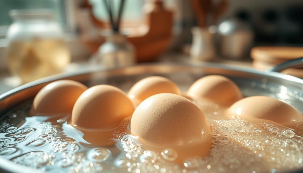 An artistic kitchen scene featuring a close-up of a pot of boiling water with several eggs inside, emphasizing the natural textures of the eggshells. In the foreground, focus on the surface of the bubbling water with tiny bubbles rising, creating a sense of heat and motion. The middle section showcases the eggs, highlighting their smooth, fragile shells. The background softly blurs to include kitchen utensils and natural light coming through a window, casting a warm glow over the entire scene. The atmosphere is inviting and homely, capturing the essence of cooking with care. Use soft and bright lighting to enhance the colors, and a shallow depth of field to draw attention to the delicate details of the eggs to illustrate the methods for preventing them from cracking during cooking.