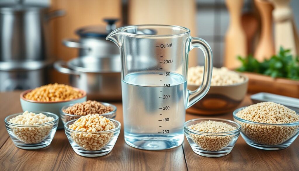 An informative and visually appealing composition illustrating the proportions of water to different types of grains used in cooking. In the foreground, a wooden table displays various bowls of uncooked grains like quinoa, brown rice, and buckwheat, each labeled with their respective water ratios. In the middle, a measuring jug filled with clear water is prominently featured, with a soft light illuminating it, creating a sense of freshness. The background features blurred kitchen elements, such as pots and herbs, evoking a warm and inviting cooking atmosphere. The scene is naturally lit, emphasizing the textures of the grains and the clarity of the water, giving a sense of cleanliness and organization suitable for culinary guidance. An informative and visually appealing composition illustrating the proportions of water to different types of grains used in cooking. In the foreground, a wooden table displays various bowls of uncooked grains like quinoa, brown rice, and buckwheat, each labeled with their respective water ratios. In the middle, a measuring jug filled with clear water is prominently featured, with a soft light illuminating it, creating a sense of freshness. The background features blurred kitchen elements, such as pots and herbs, evoking a warm and inviting cooking atmosphere. The scene is naturally lit, emphasizing the textures of the grains and the clarity of the water, giving a sense of cleanliness and organization suitable for culinary guidance.