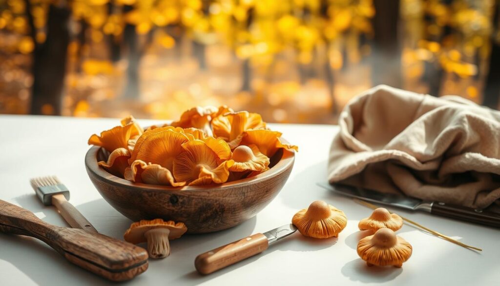 Freshly foraged honey mushrooms, vivid and earthy in color, displayed in a rustic wooden bowl on a clean white table. Surrounding the bowl, various tools for cleaning mushrooms – a soft brush, a small knife, and a damp cloth. The mushrooms have a rich, golden-brown hue, with delicate, wavy caps and a smooth, shiny surface, suggesting their freshness. In the background, a warm, soft-focus image of an autumn forest with golden leaves gently filtered by sunlight, creating a tranquil and inviting atmosphere. Natural light casts gentle shadows, enhancing the textures of the mushrooms and the wooden bowl. The overall mood conveys a sense of rustic charm and the natural beauty of the harvest season, perfect for showcasing a culinary preparation. Freshly foraged honey mushrooms, vivid and earthy in color, displayed in a rustic wooden bowl on a clean white table. Surrounding the bowl, various tools for cleaning mushrooms – a soft brush, a small knife, and a damp cloth. The mushrooms have a rich, golden-brown hue, with delicate, wavy caps and a smooth, shiny surface, suggesting their freshness. In the background, a warm, soft-focus image of an autumn forest with golden leaves gently filtered by sunlight, creating a tranquil and inviting atmosphere. Natural light casts gentle shadows, enhancing the textures of the mushrooms and the wooden bowl. The overall mood conveys a sense of rustic charm and the natural beauty of the harvest season, perfect for showcasing a culinary preparation.