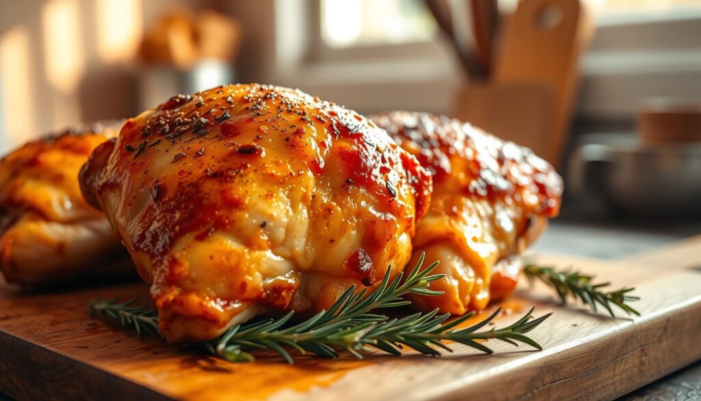 Golden, oven-baked chicken thighs glistening with a rich, crispy skin, arranged appetizingly on a rustic wooden cutting board. The foreground features a tantalizing close-up of the golden-brown skin with savory spices glistening, showcasing a perfectly cooked, juicy interior. In the middle, fresh herbs like rosemary and thyme are artfully sprinkled around the base, enhancing the dish’s rustic charm. The background includes a softly lit kitchen setting with blurred warm tones, highlighting an inviting, home-cooked atmosphere. Natural light filters through a nearby window, creating gentle shadows that emphasize the texture of the chicken skin. The mood is warm, inviting, and appetizing, evoking a sense of indulgent comfort food ready to be savored.