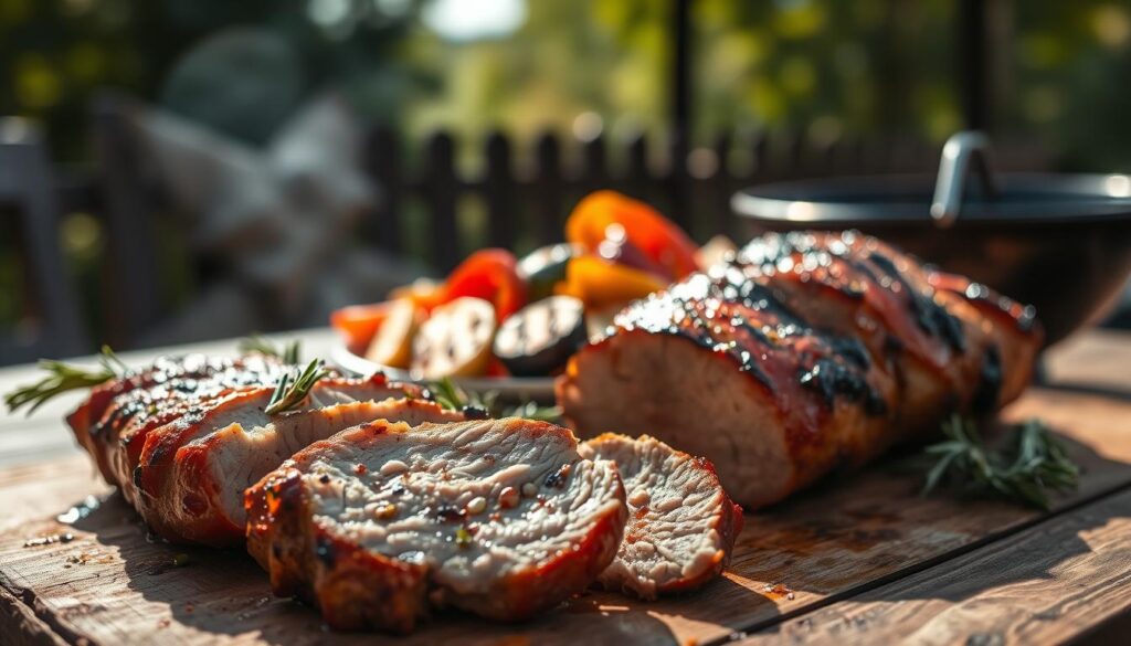 Grilled and oven-roasted pork tenderloins, beautifully marinated, rest on a rustic wooden table. The succulent meat is glistening with a golden-brown glaze, garnished with fresh herbs like rosemary and thyme. In the foreground, a few slices of the tenderloin reveal its juicy, tender interior, showcasing the ideal texture. The middle ground features a vibrant side of seasonal grilled vegetables, artistically arranged with vibrant colors—charred bell peppers, zucchini, and eggplant. In the background, a softly blurred outdoor barbecue setting with gentle sunlight filtering through the trees creates a warm, inviting atmosphere. The lighting is bright yet soft, enhancing the rich colors of the food while keeping the scene rustic and approachable. A shallow depth of field focuses on the dish, giving it an enticing, mouthwatering appeal.