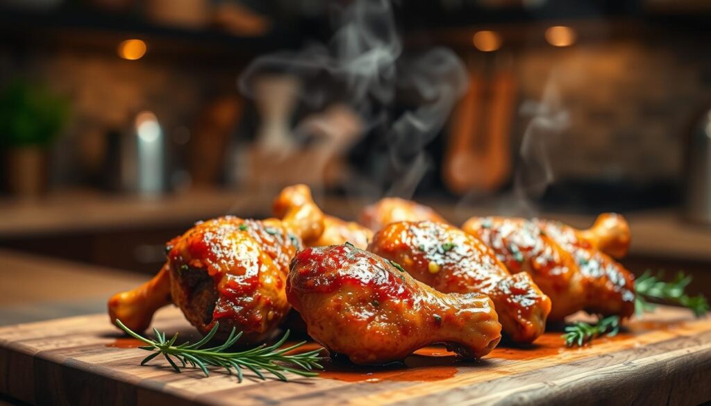 Oven-roasted chicken drumsticks glistening with a rich, golden-brown glaze, arranged on a rustic wooden cutting board. The drumsticks are coated with a savory marinade, showcasing their crispy skin and juicy meat. In the background, a softly glowing kitchen with warm ambient lighting creates a cozy atmosphere. Steam gently rises from the drumsticks, enhancing the inviting aroma of roasted chicken. A few sprigs of fresh herbs, like rosemary and thyme, are scattered around the dish, adding a touch of green. The scene is shot from a slightly elevated angle, using a soft focus effect to emphasize the delicious drumsticks in the foreground while subtly blurring the kitchen details, evoking warmth and a sense of home-cooked comfort. Oven-roasted chicken drumsticks glistening with a rich, golden-brown glaze, arranged on a rustic wooden cutting board. The drumsticks are coated with a savory marinade, showcasing their crispy skin and juicy meat. In the background, a softly glowing kitchen with warm ambient lighting creates a cozy atmosphere. Steam gently rises from the drumsticks, enhancing the inviting aroma of roasted chicken. A few sprigs of fresh herbs, like rosemary and thyme, are scattered around the dish, adding a touch of green. The scene is shot from a slightly elevated angle, using a soft focus effect to emphasize the delicious drumsticks in the foreground while subtly blurring the kitchen details, evoking warmth and a sense of home-cooked comfort.